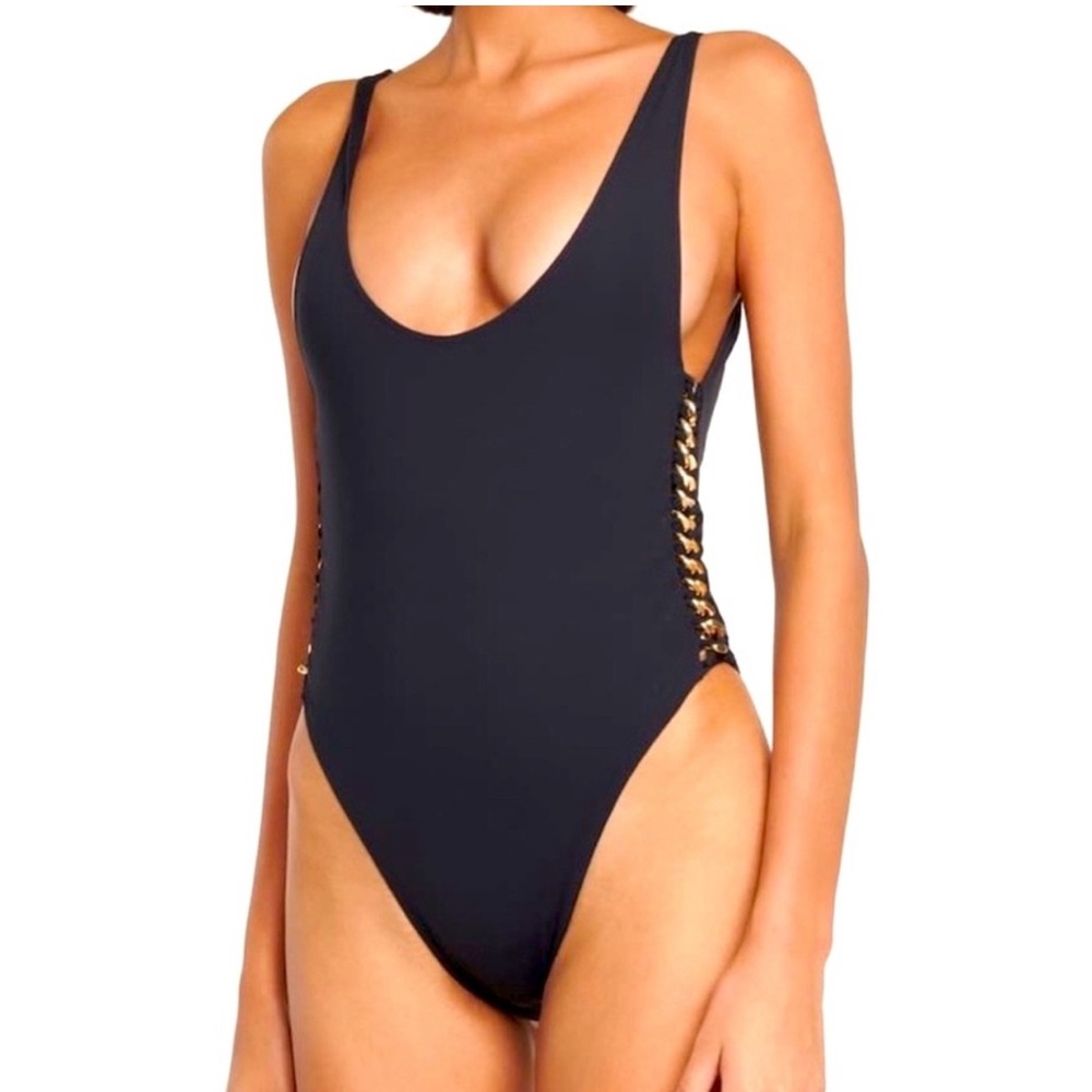 Stella McCartney NWT Black Falabella Chain Trim High-Leg One-Piece Swimsuit L